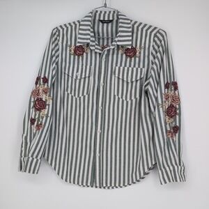 Driftwood Button Down Rosé Shirt Large Embroidered Olive Stripe Blouse